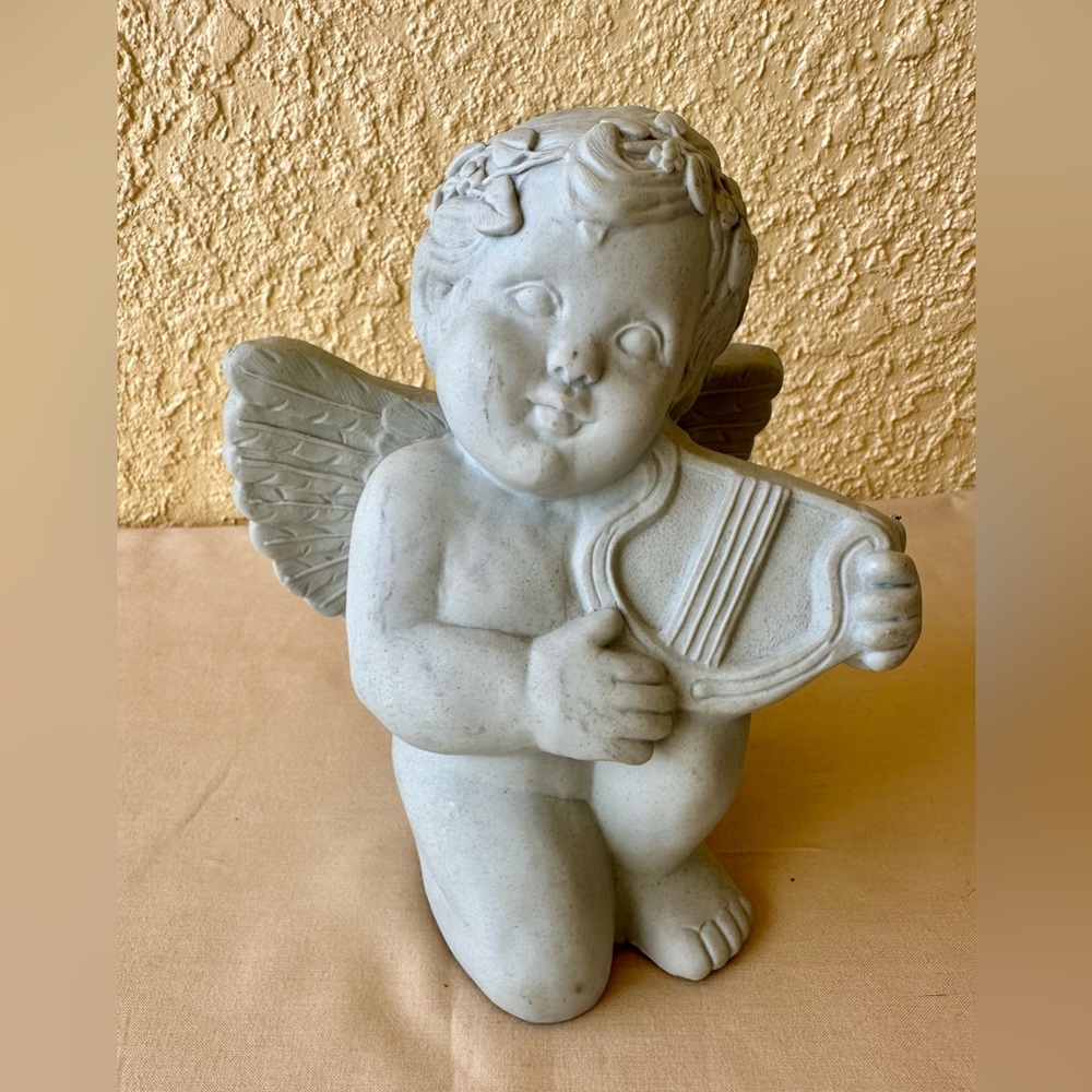 Gray Angel Sculpture with Harp